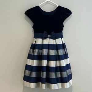 Girls holiday dress Navy and silver stripes